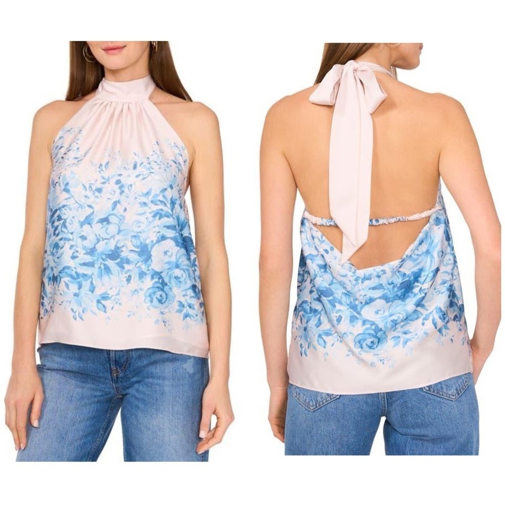 New Parker The Erica Halter Top White Blue Floral Silky Sz L